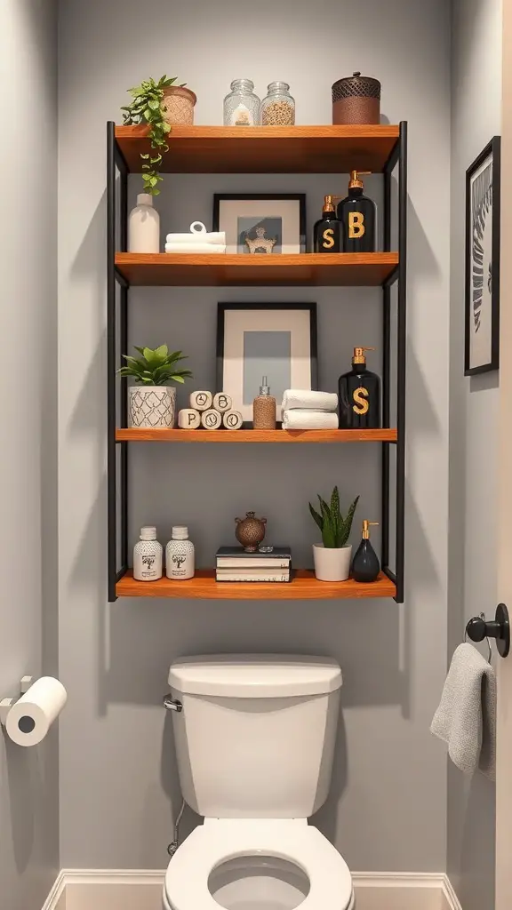 27+ Stylish Over the Toilet Storage Ideas to Maximize Your Space 16 A tiered shelving unit above a toilet, featuring decorative items and towels.