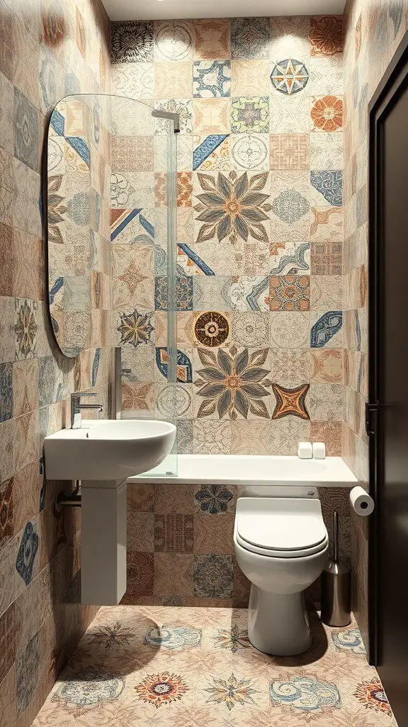 A bathroom featuring colorful mosaic tiles on the walls and floor, showcasing various patterns and designs.