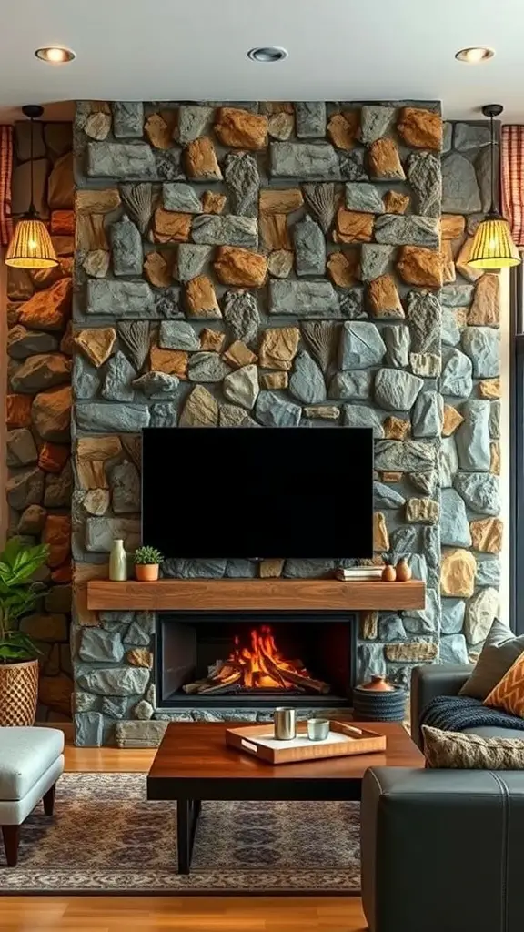29+ Stunning TV Fireplace Wall Ideas You’ll Love 10 Indoor fireplace wall with stone design, TV above, and cozy furniture
