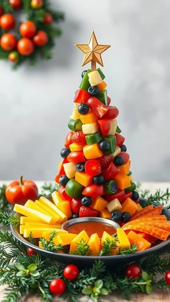 29+ Fun and Festive Christmas Snacks for Kids 4 A colorful Christmas tree veggie platter made of fresh vegetables and fruits, topped with a star.
