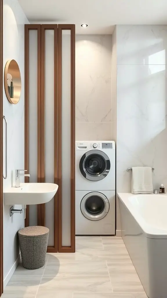 25+ Creative Bathroom Laundry Combo Ideas for Space-Saving Solutions 8 A modern bathroom with a laundry combo featuring wooden dividers.