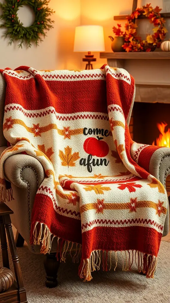 A cozy autumn-inspired throw blanket with a pumpkin and leaf design draped over a chair in a warm living room setting.