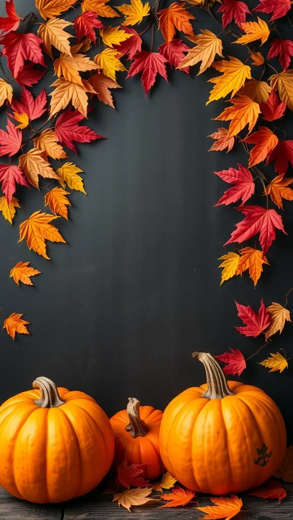 Chalkboard art featuring pumpkins and autumn leaves