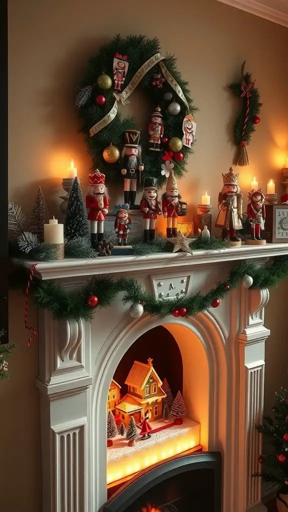 A festive fireplace mantle decorated with nutcracker figures, a green wreath, candles, and a small holiday scene.