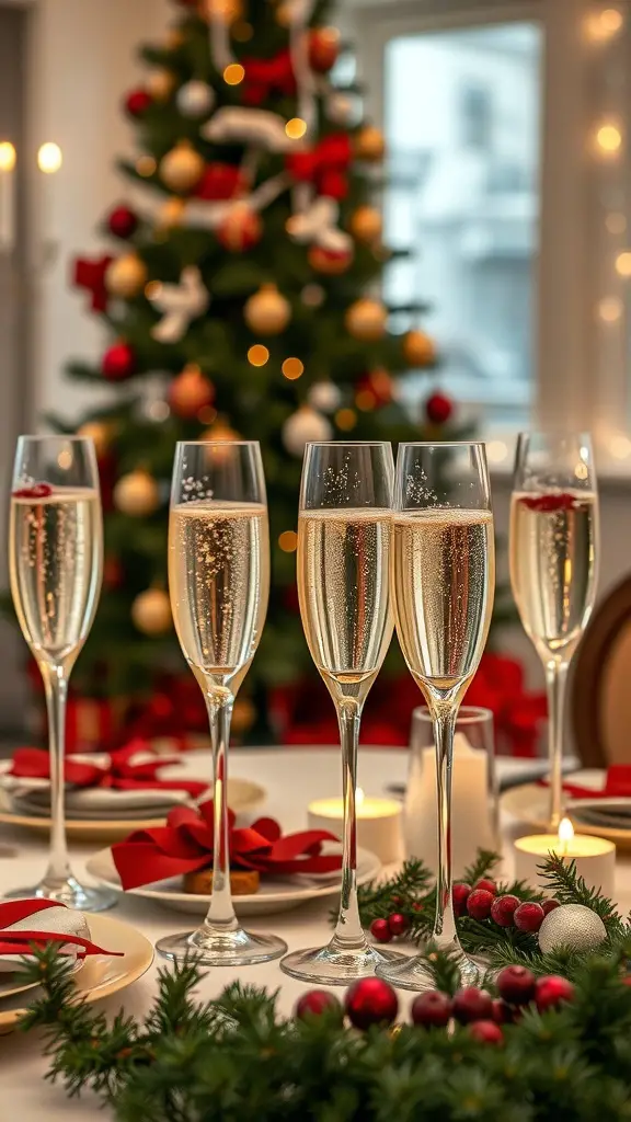 27+ Stunning Champagne Christmas Tree Ideas You Need to Try 8 Champagne flutes on a festive table with a Christmas tree in the background