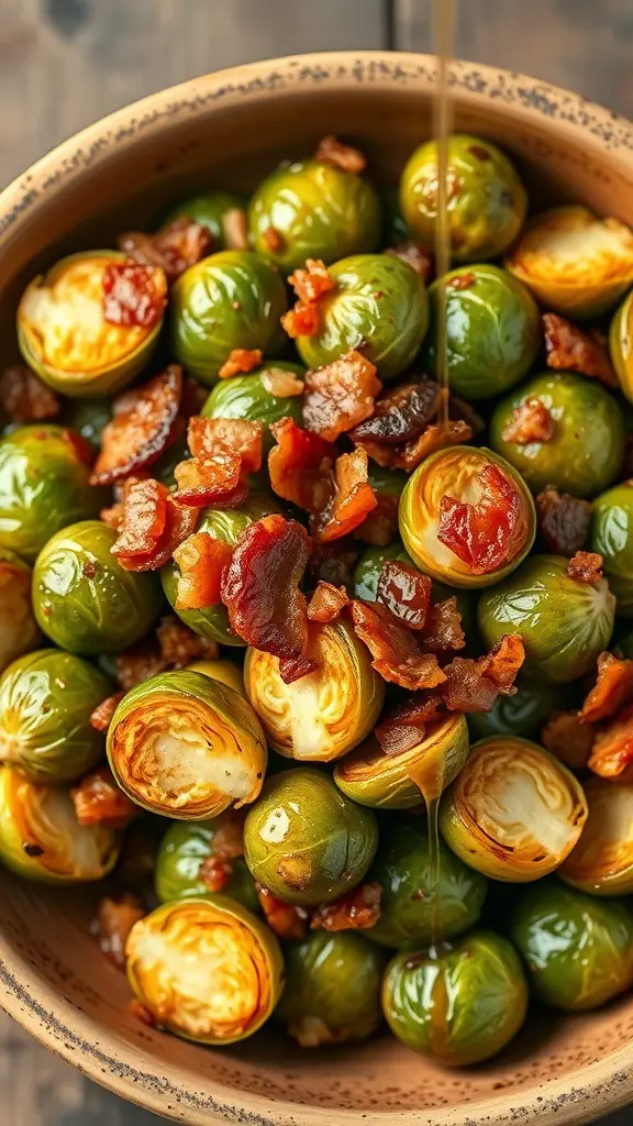 27+ Delicious Christmas Appetizers to Impress Your Guests 11 A bowl of Brussels sprouts topped with crispy bacon and drizzled with maple syrup.