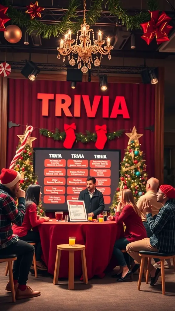 A group of people participating in a holiday trivia game, with festive decorations and a trivia host.