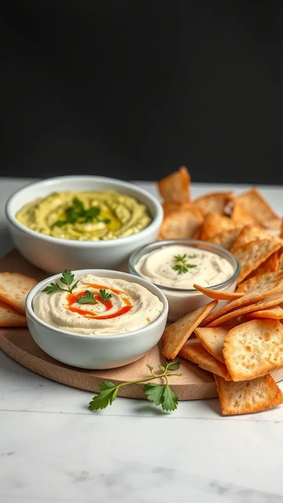 A selection of savory dips including hummus, guacamole, and tzatziki served with pita chips on a wooden platter.