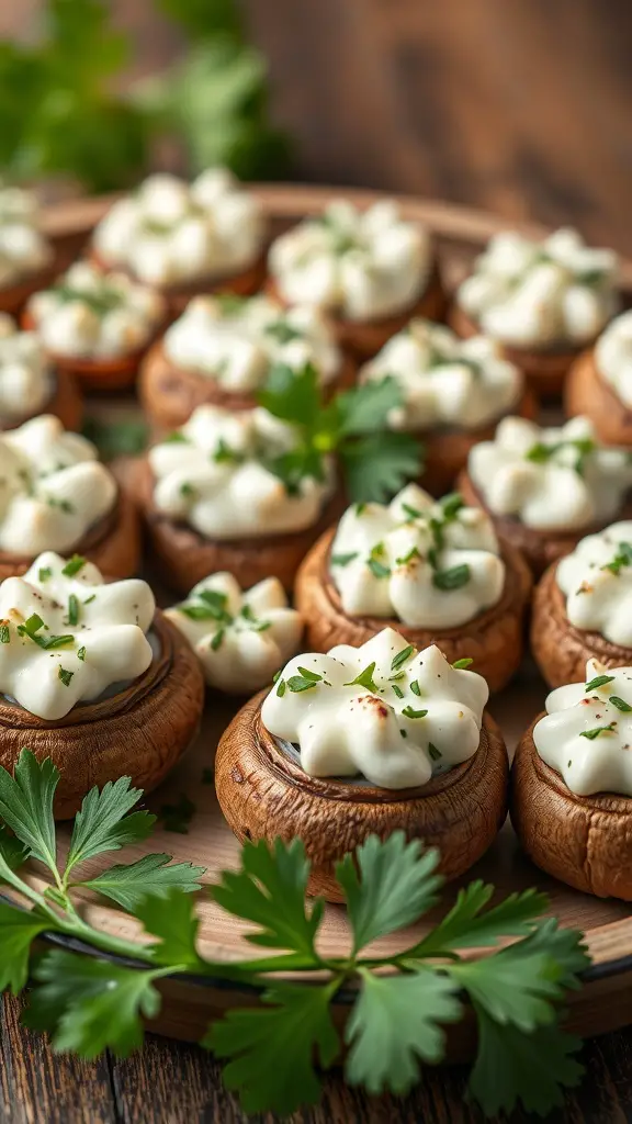 29+ Delicious Thanksgiving Appetizers to Impress Your Guests 4 A platter of stuffed mushrooms topped with cream cheese and herbs, garnished with parsley.