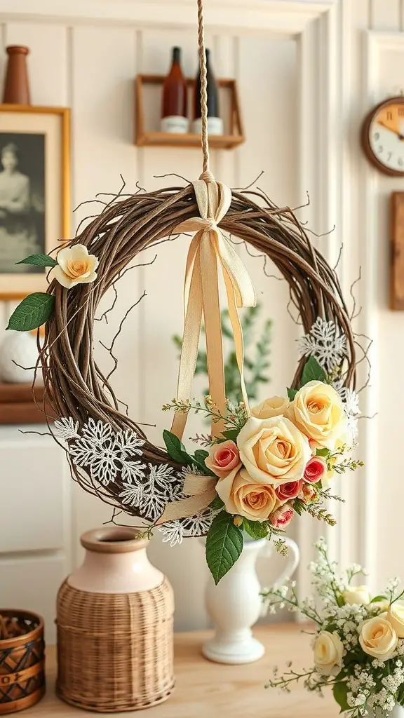 A vintage-inspired grapevine wreath adorned with lace and yellow roses, hanging indoors.