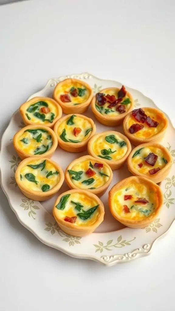 A platter of mini quiches with various fillings, including spinach and bacon.