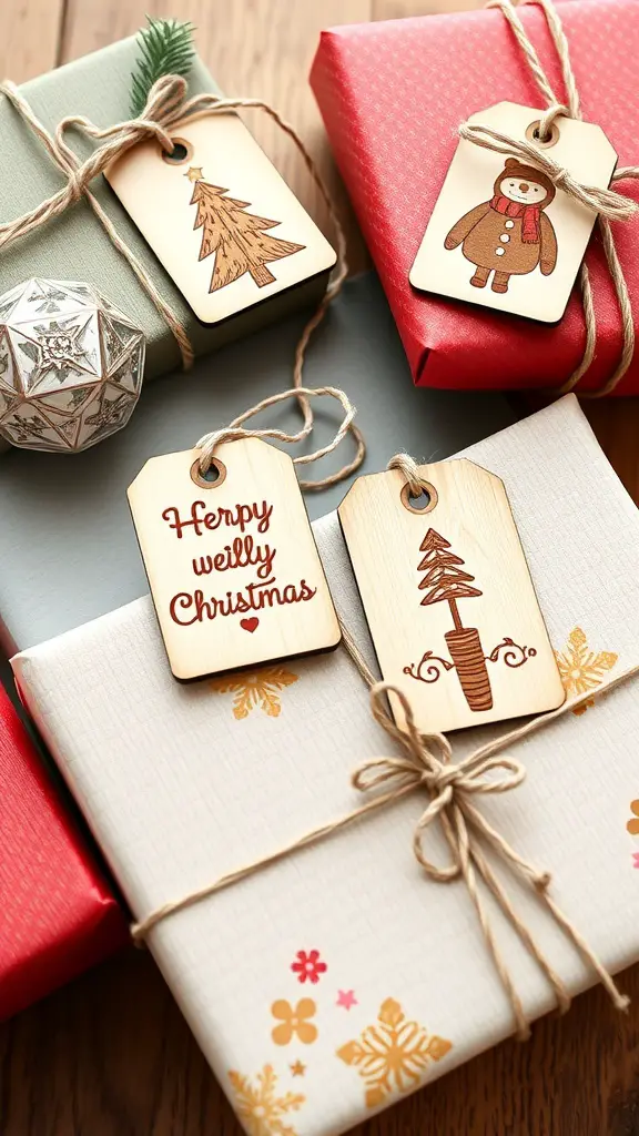 Wooden gift tags on wrapped Christmas presents