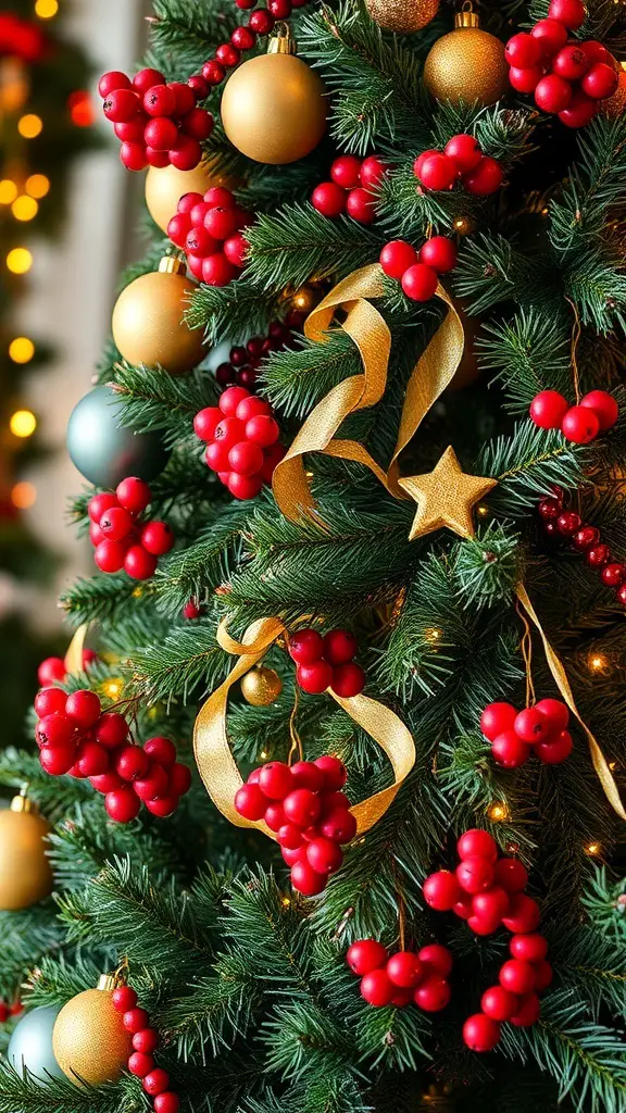 27+ Stunning Champagne Christmas Tree Ideas You Need to Try 11 A Christmas tree decorated with gold ornaments and red berries, featuring ribbons and a star.