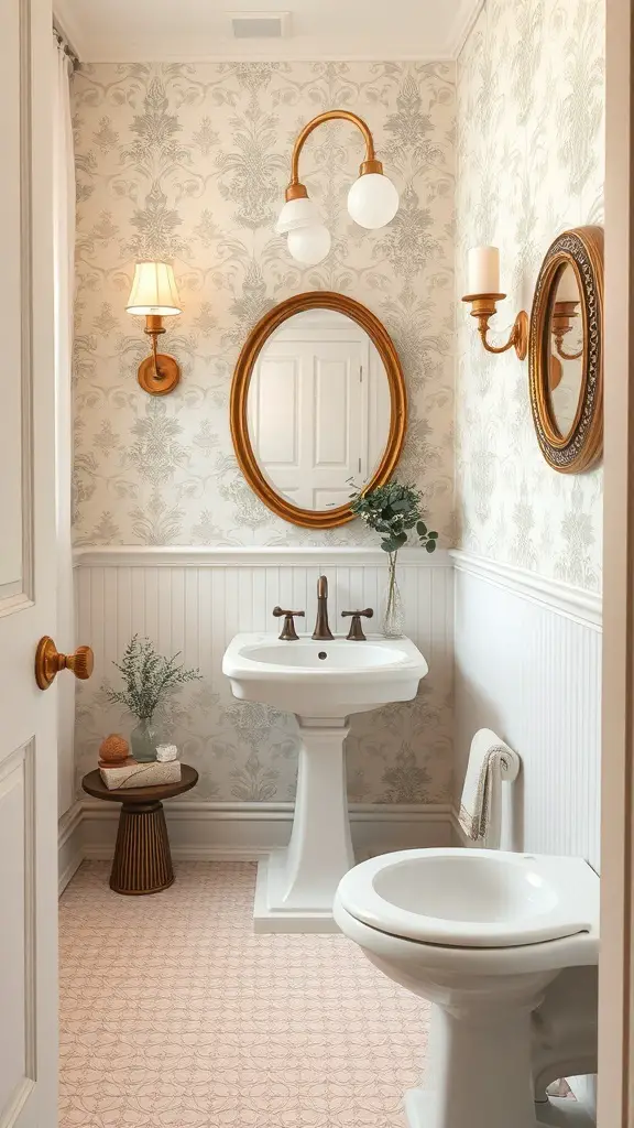 29+ Stunning Half Bath Wallpaper Ideas to Transform Your Space 5 A vintage-inspired half bath with damask wallpaper, elegant fixtures, and a round mirror.