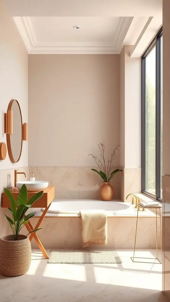 25+ Stunning Master Bath Ideas to Transform Your Space 13 A modern master bath featuring soft beige walls, light marble accents, wooden vanity, and potted plants.