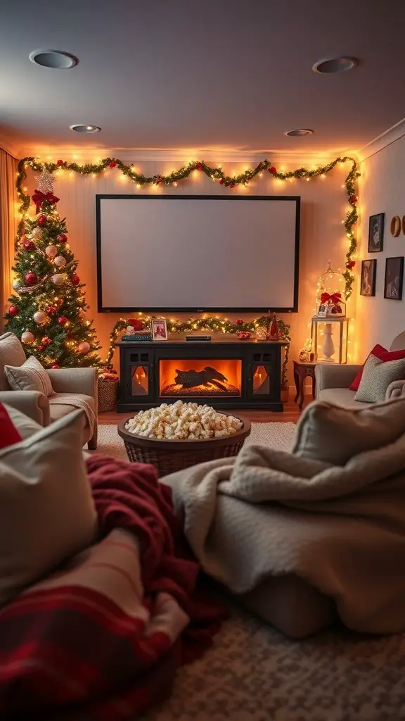 Cozy living room setup for a holiday movie marathon with a Christmas tree, popcorn, and a fireplace.