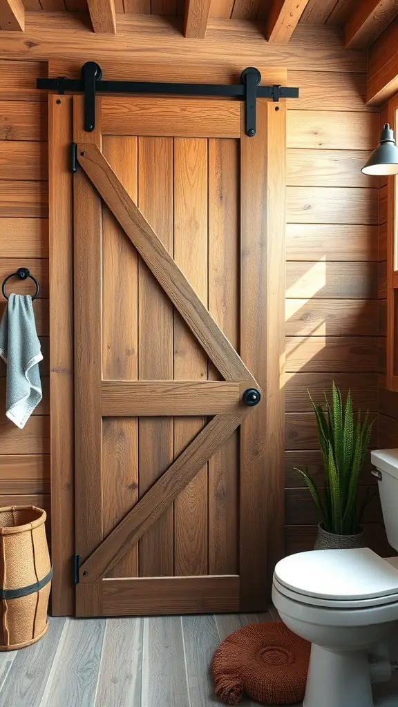 A rustic barn door shower enclosure in a wooden bathroom setting.