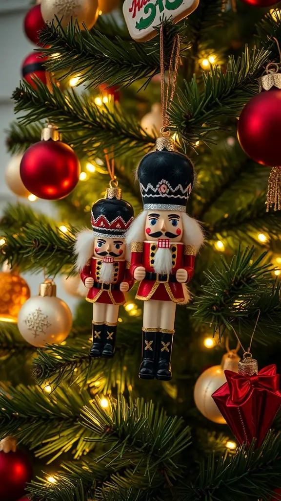 25+ Magical Nutcracker Christmas Decorations You Need This Holiday Season 5 Two nutcracker ornaments hanging on a Christmas tree with red and gold decorations.