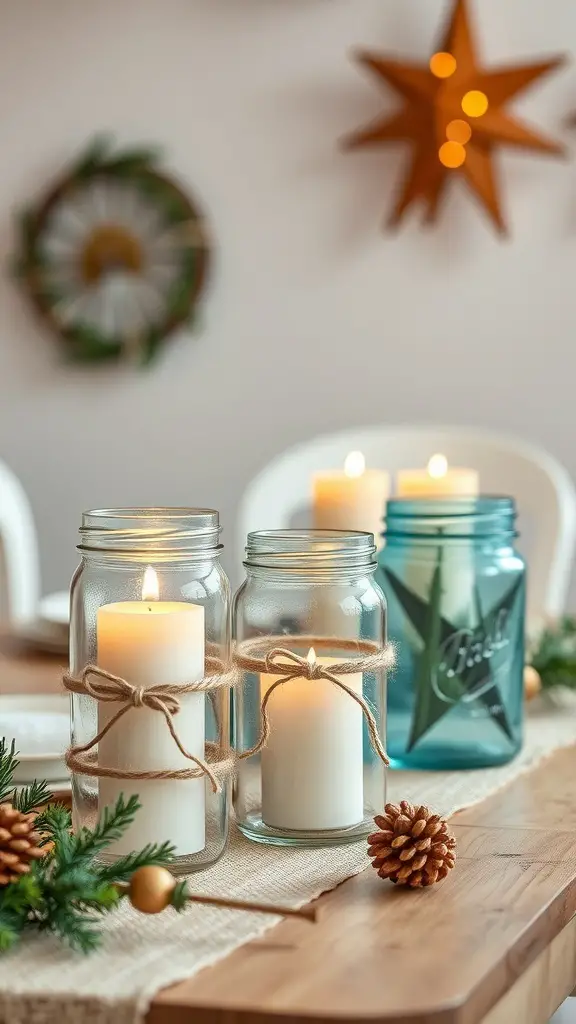 A cozy display of recycled jar candle holders with white candles, twine, and pinecones.