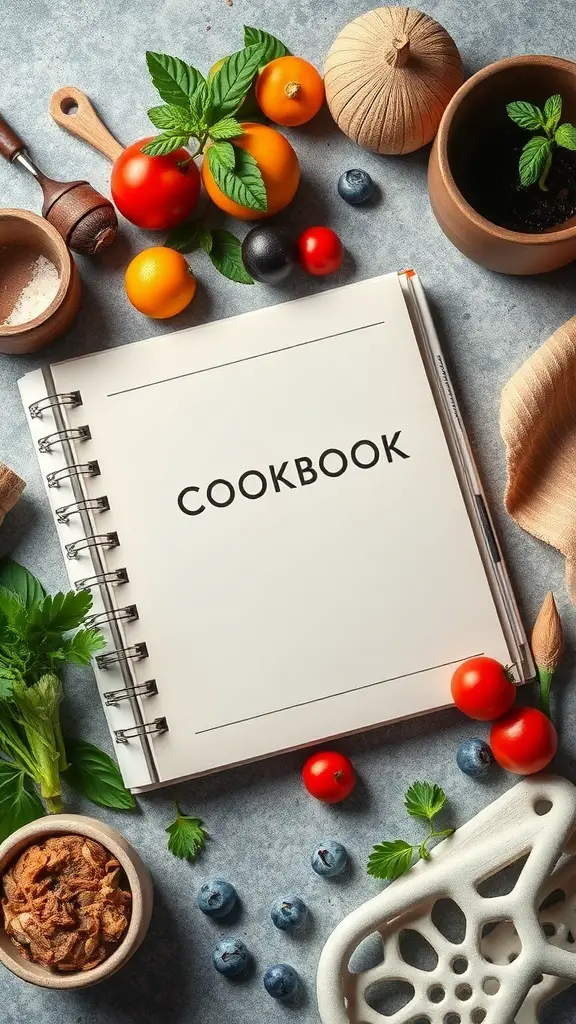 A cookbook surrounded by fresh ingredients like tomatoes, herbs, and spices.