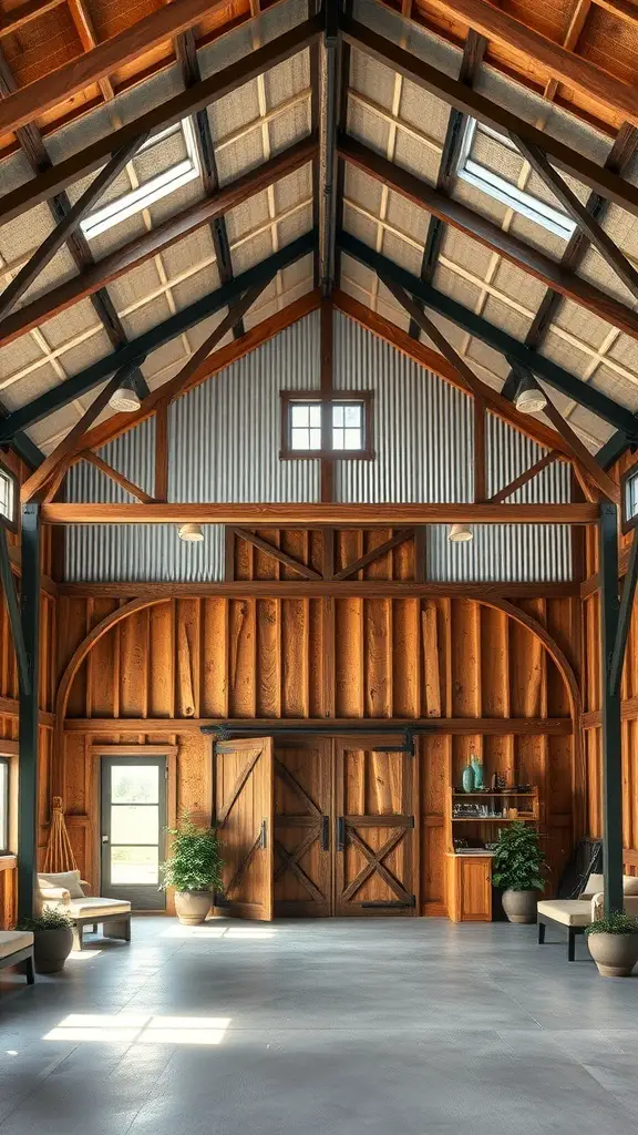 27+ Stunning Barndominium Exterior Ideas to Inspire Your Dream Home 8 Interior of a barndominium featuring wooden beams, metal accents, and large windows.