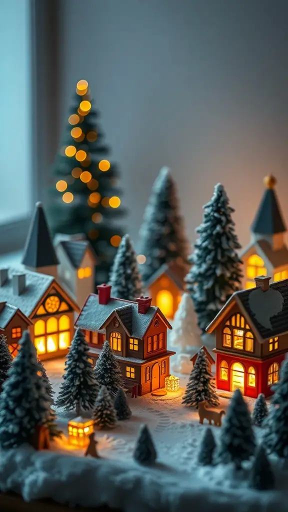 A cozy lighted Christmas village scene with miniature houses, trees, and soft glowing lights.