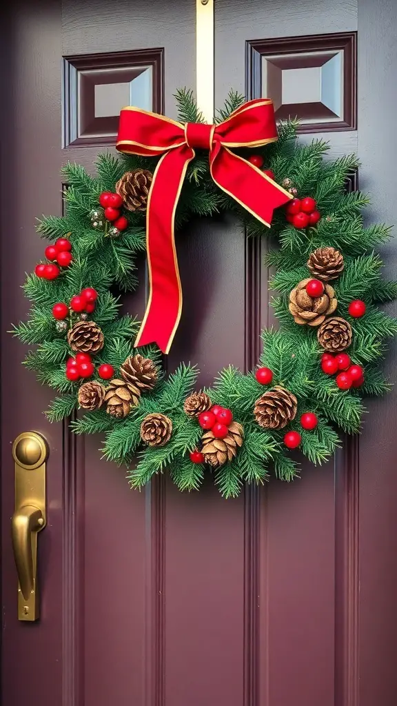 A festive Christmas wreath with pinecones, red berries, and a red bow on a door