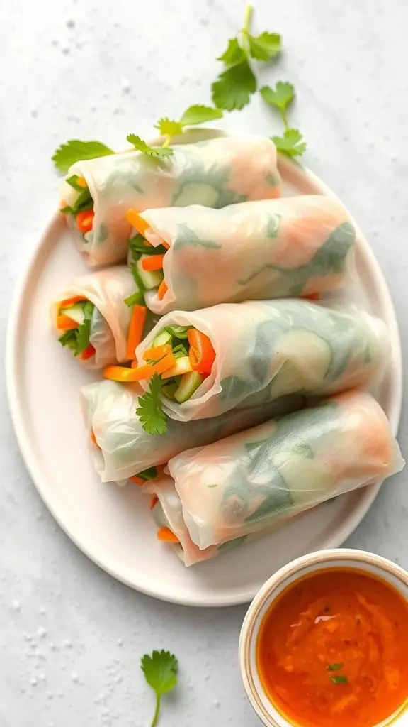 A plate of fresh vegetable spring rolls with a dipping sauce