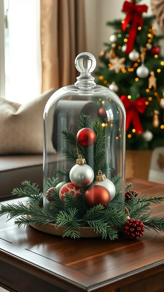 25+ Creative Christmas Coffee Table Decor Ideas to Elevate Your Holiday Style 11 A glass cloche containing holiday greens and ornaments on a coffee table