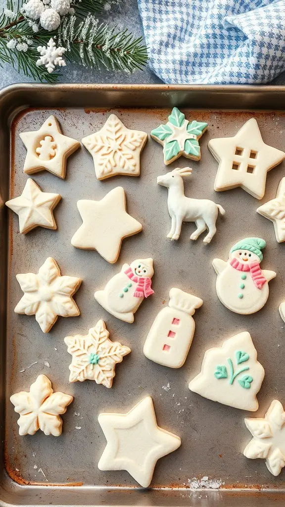 A tray of salt dough ornaments shaped like stars, snowflakes, and holiday figures, ready for decorating.