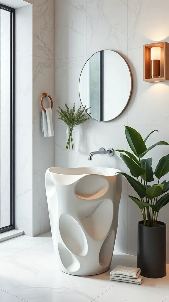 Artistic sculptural bathroom trash can with smooth curves and cut-out shapes
