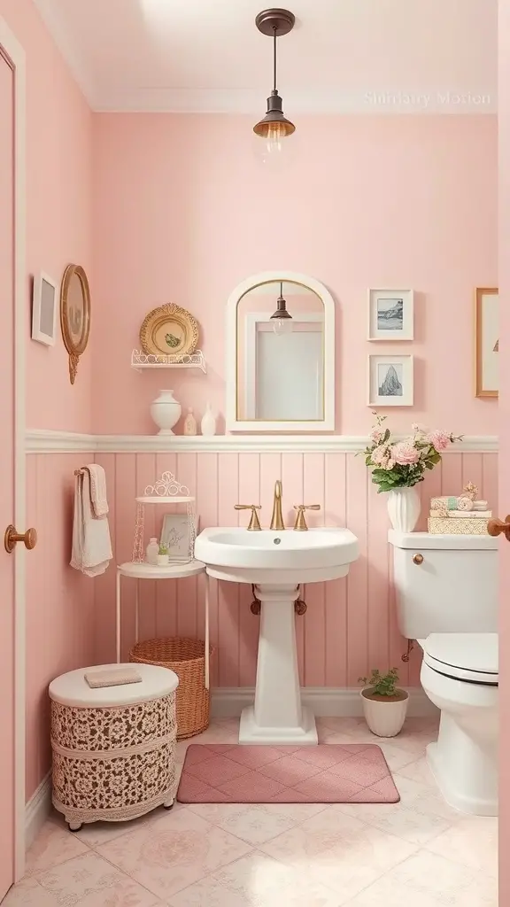27+ Stunning Two-Tone Wall Paint Ideas to Transform Your Bathroom 4 A pastel pink and cream bathroom featuring a white pedestal sink, gold faucet, and decorative accents.