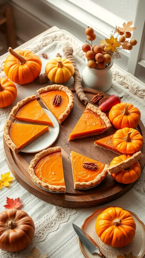 An autumn-themed dessert board featuring pumpkin pie slices, mini pumpkins, and colorful leaves.