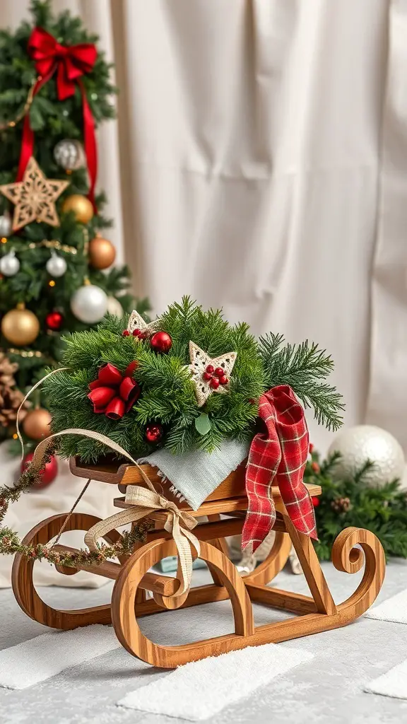 A wooden sled decoration with greenery and red bows, set against a festive backdrop.