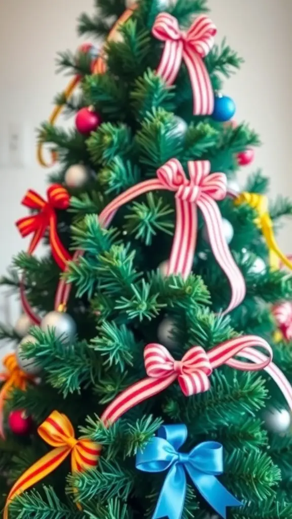 29+ Creative Christmas Tree Ribbon Decorating Ideas You’ll Love 8 A Christmas tree decorated with whimsical multi-colored striped ribbons and colorful ornaments.