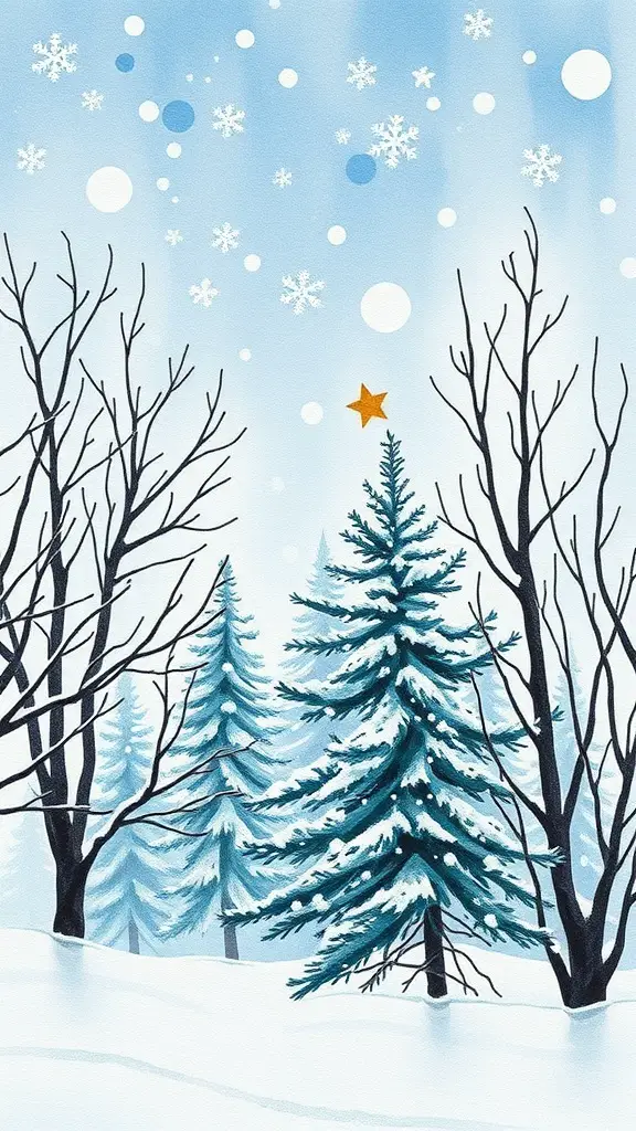A winter landscape with snowflakes, trees, and a star in a blue sky.