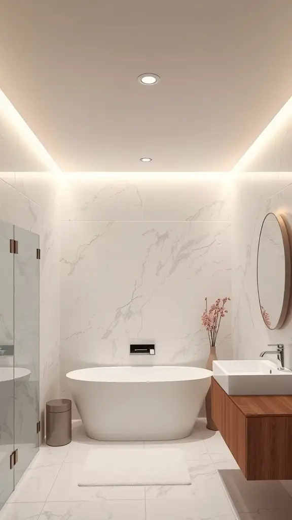 29+ Stylish Lighting Ideas to Transform Your Bathroom 14 A modern bathroom featuring cove lighting, a freestanding bathtub, and a wooden vanity.