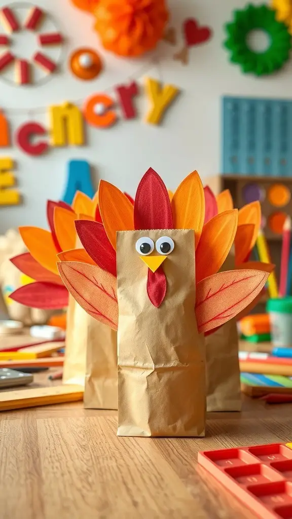 25+ Fun Thanksgiving Crafts for Kids to Make Together 7 Colorful turkey puppets made from paper bags with feathers and googly eyes.