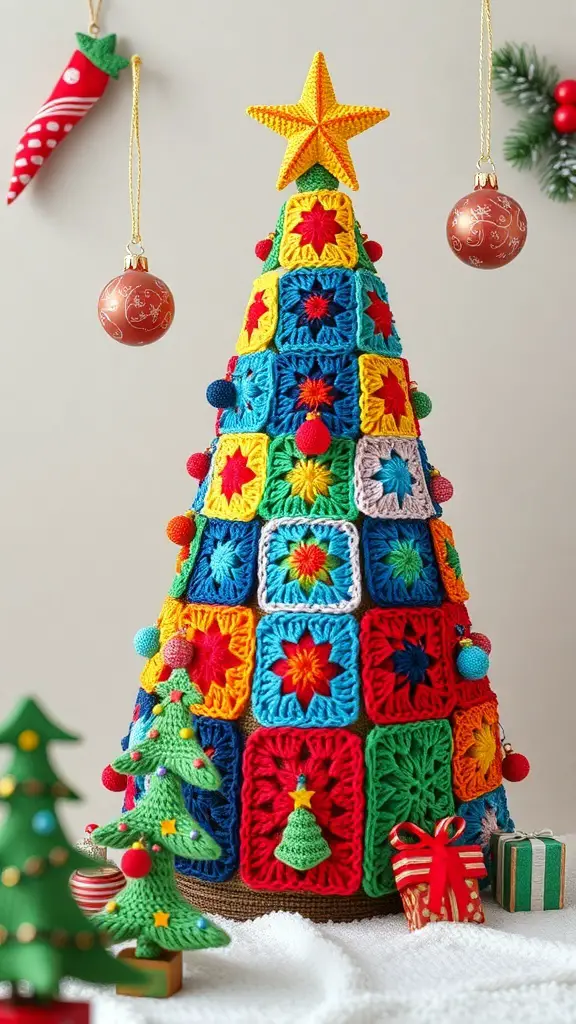 29+ Stunning Crochet Christmas Tree Ideas to Brighten Your Holiday Decor 6 Colorful crochet granny square Christmas tree with smaller crochet trees and gifts