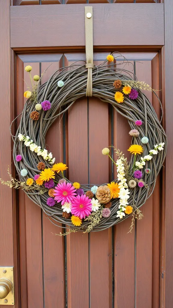 A rustic grapevine wreath adorned with colorful dried flowers hanging on a wooden door.