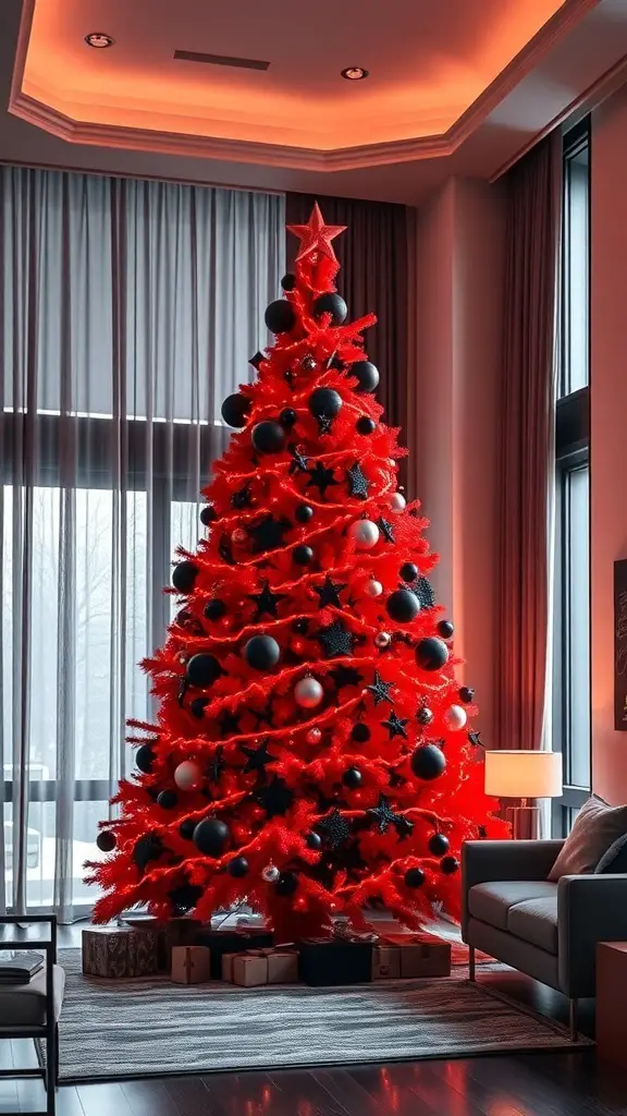 A bold red Christmas tree with black ornaments and stars in a cozy living room setting