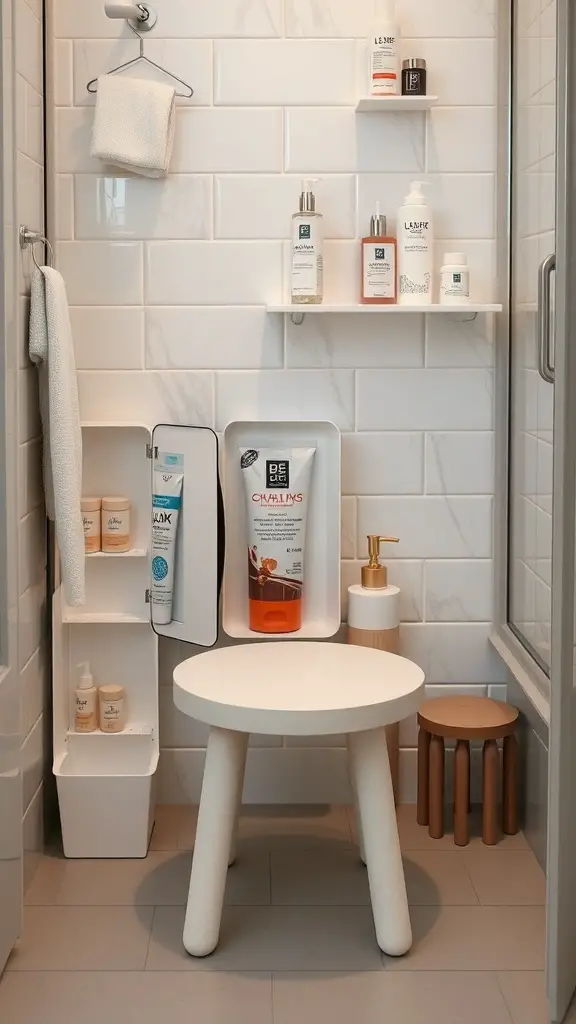27+ Chic Bathroom Stool Styling Ideas to Elevate Your Space 4 A modern bathroom with a white stool, wall-mounted shelves, and organized storage solutions.