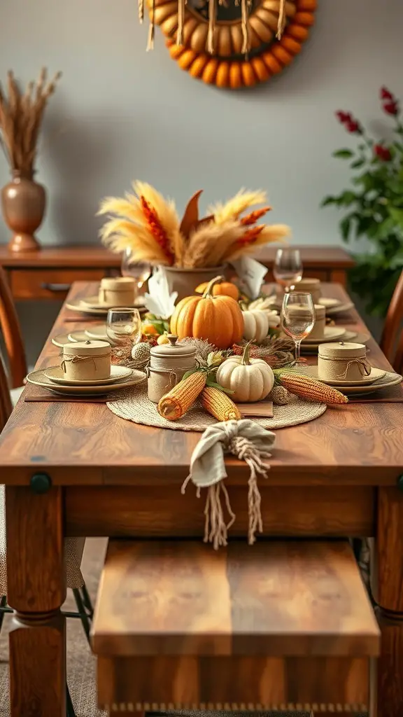 A beautifully set Thanksgiving table featuring a harvest-inspired table runner with pumpkins, corn, and dried grasses.