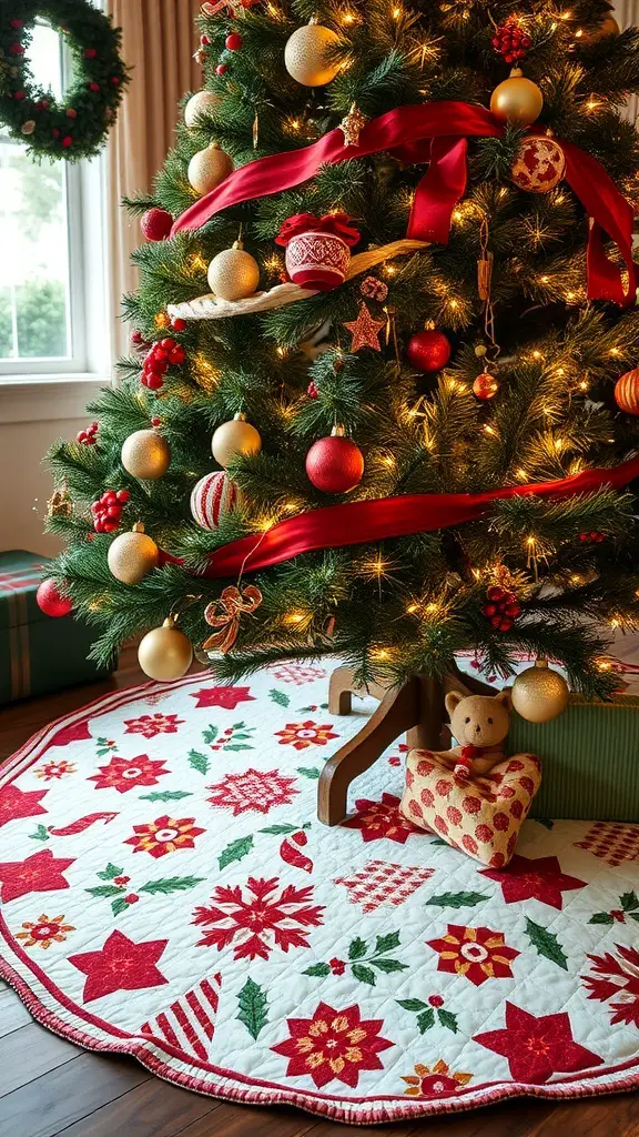 23+ Unique Christmas Tree Skirt Ideas for a Festive Touch 16 A traditional quilted Christmas tree skirt with red and green patterns under a decorated Christmas tree.