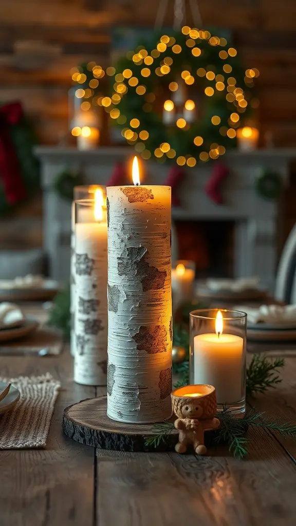 A cozy table setting featuring birch bark candle holders with lit candles, surrounded by festive decorations.