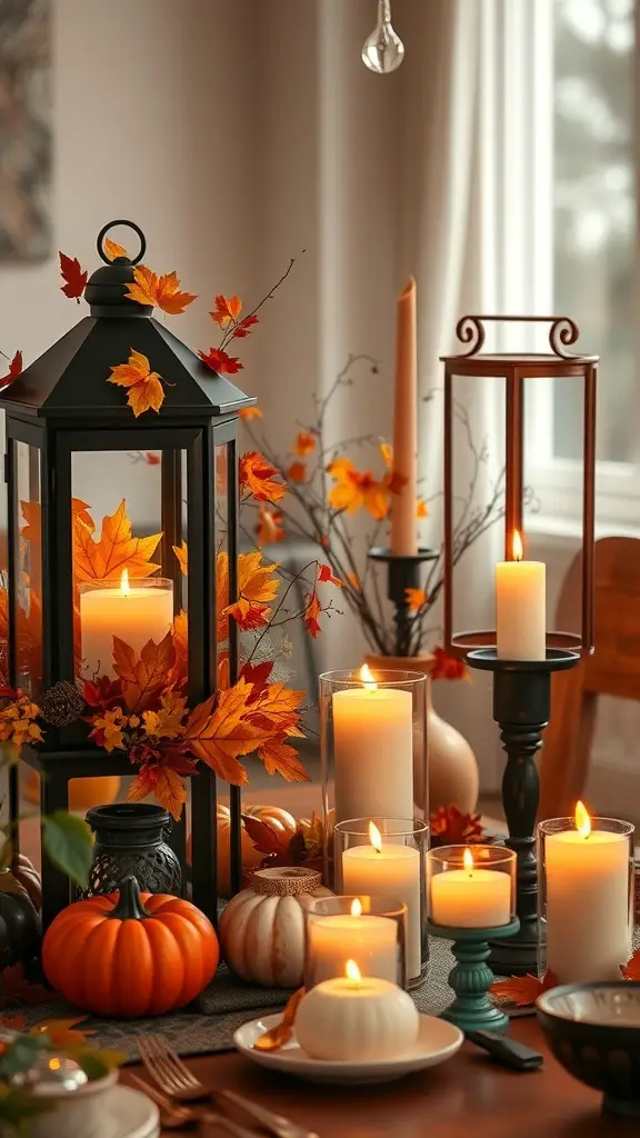 A cozy Thanksgiving table centerpiece featuring fall-themed lanterns, candles, and pumpkins.
