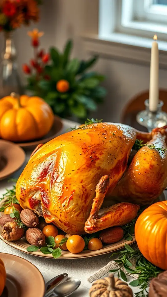 27+ Must-Have Dishes for the Ultimate Thanksgiving Spread 8 A beautifully roasted turkey garnished with herbs and surrounded by pumpkins and nuts, ready for Thanksgiving.