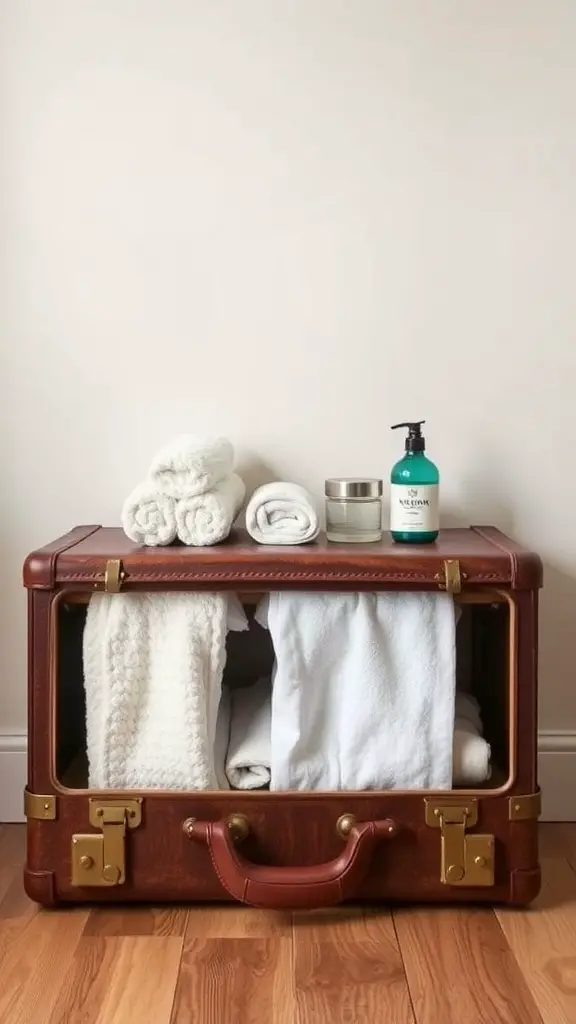 27+ Creative Bathroom Vanity Storage Ideas for an Organized Space 15 A vintage suitcase used for bathroom storage, holding towels and toiletries.