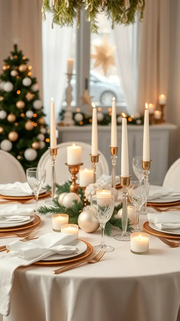 A beautifully set Christmas table with white and gold accents, featuring candles, glassware, and a decorated tree in the background.