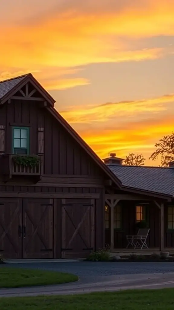 27+ Stunning Barndominium Exterior Ideas to Inspire Your Dream Home 3 A barndominium with rustic wood siding under a colorful sunset
